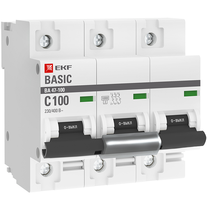 Выключатель автоматический 3P 100А (C) 10kA ВА 47-100 EKF Basic