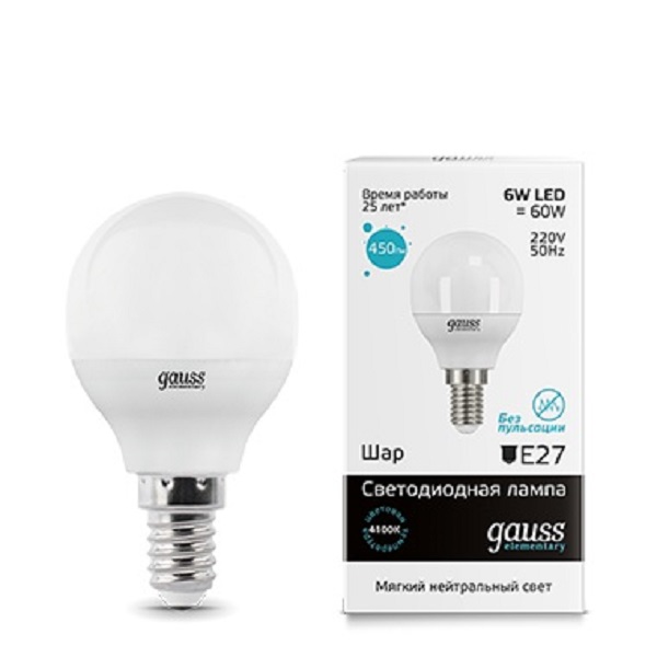 Лампа светодиодная Gauss Е14 G45 Шарик 6W 4100K холодный свет