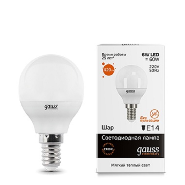 Лампа светодиодная Gauss Е14 G45 Шарик 6W 3000K теплый свет