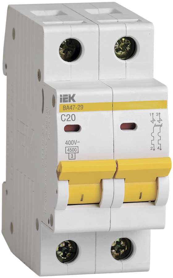 Автоматический выключатель IEK ВА 47-29 4,5кА 2-полюсный 20А(С20) MVA20-1-010-C